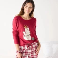 Kerstpyjama met 'kat' motief in katoen-flanel, met scrunchie