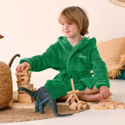 Kinderbadjas met capuchon, personaliseerbaar, dinosaurus, microvezel.