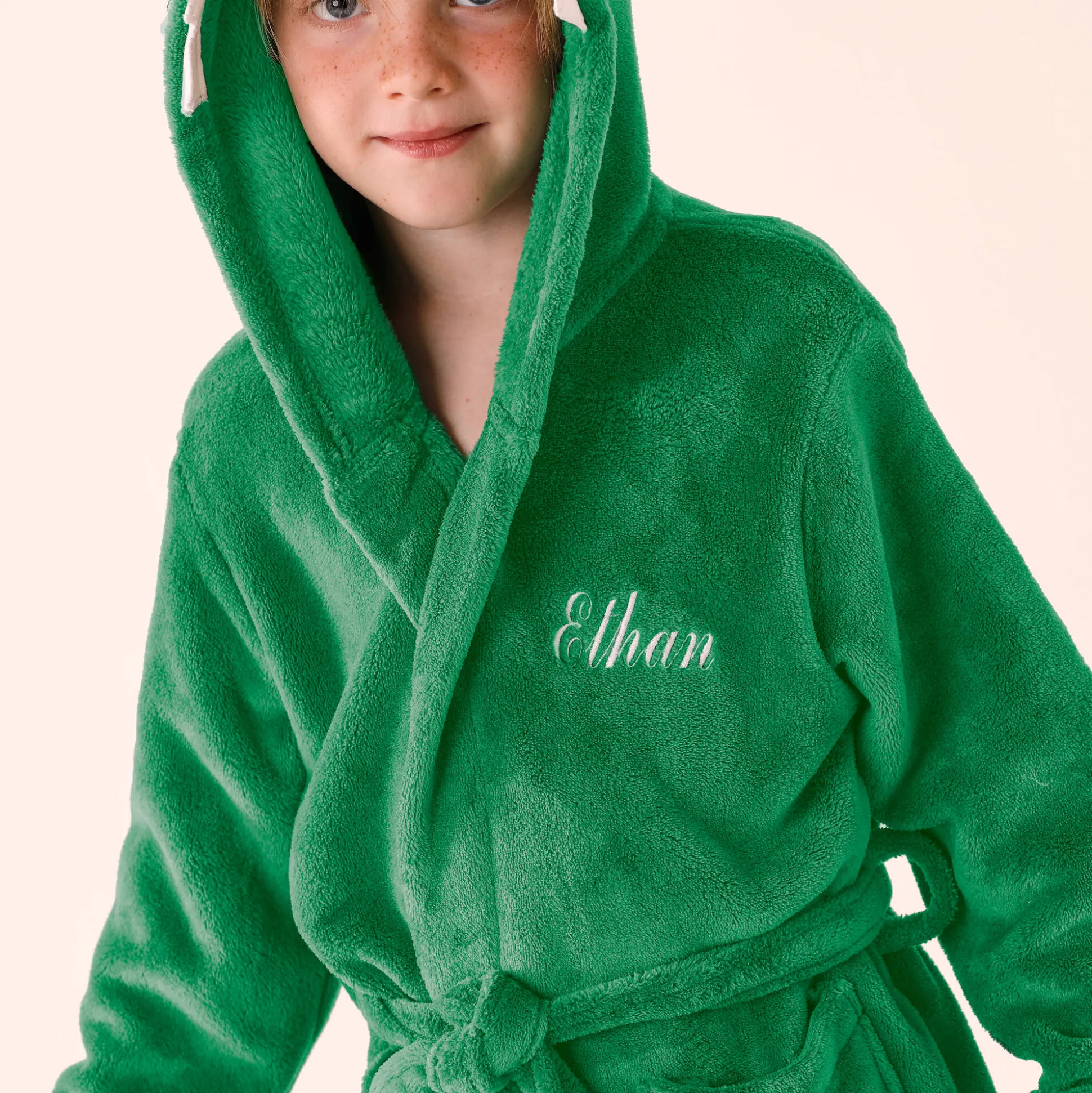 Kinderbadjas met capuchon, personaliseerbaar, dinosaurus, microvezel.