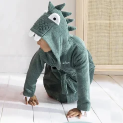 Kinderbadjas met dinosaurusmotief en kap, personaliseerbaar - 340 g/m²