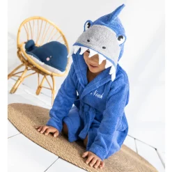 Kinderbadjas met haaiennmotief en kap, personaliseerbaar - 340 g/m²