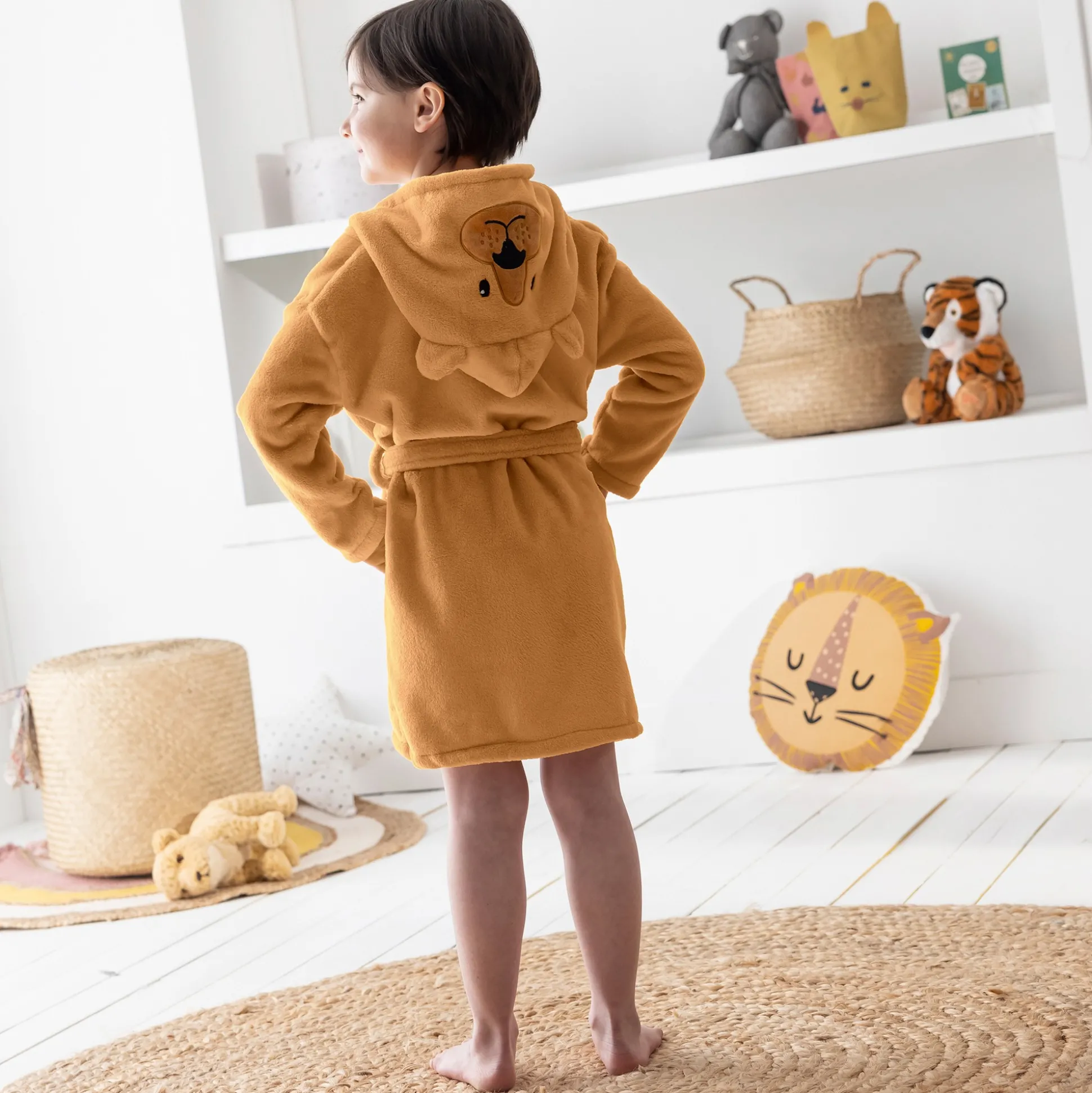 Kinderbadjas met kap en beermotief in microvezel, personaliseerbaar