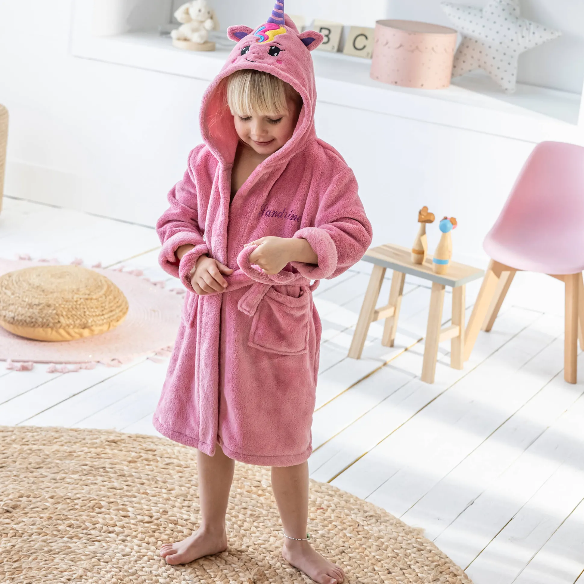 Kinderbadjas met kap en eenhoornmotief in microvezel, personaliseerbaar
