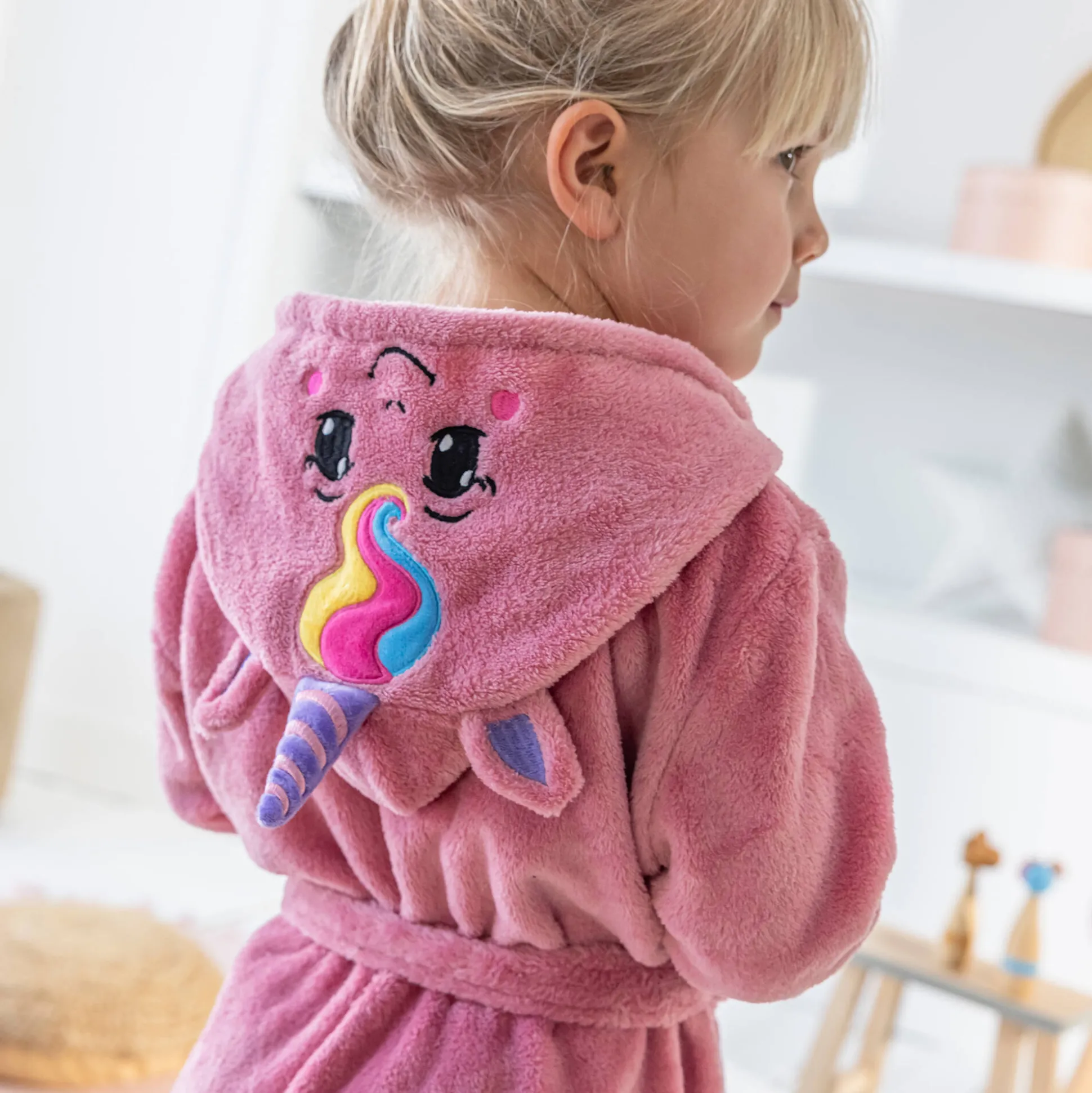 Kinderbadjas met kap en eenhoornmotief in microvezel, personaliseerbaar