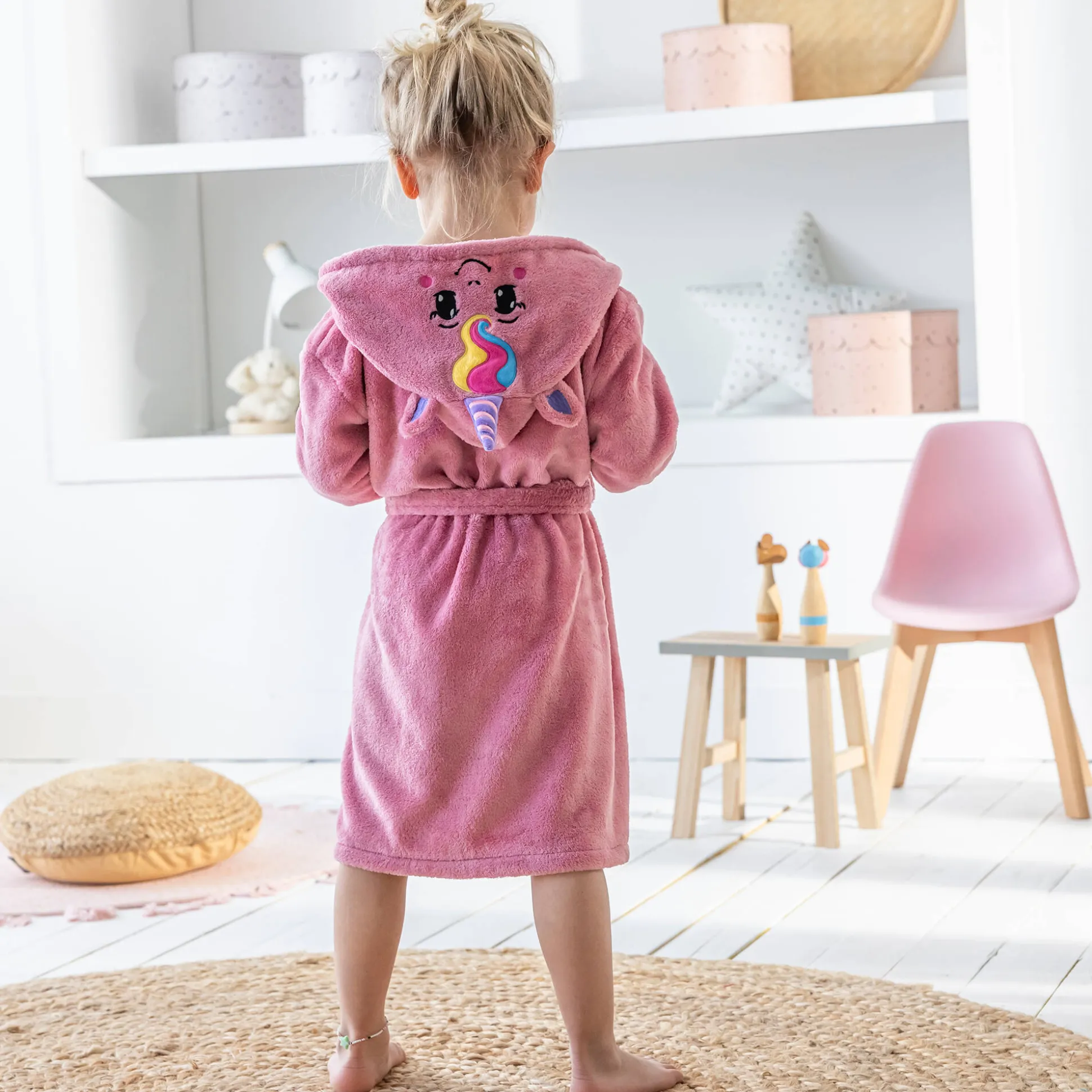 Kinderbadjas met kap en eenhoornmotief in microvezel, personaliseerbaar