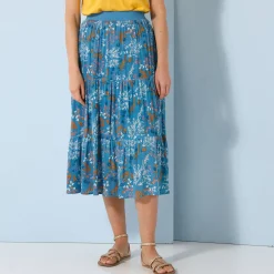 Korte fronsrok met stroken en bloemenprint, crepon