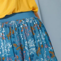 Korte fronsrok met stroken en bloemenprint, crepon
