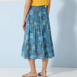 Korte fronsrok met stroken en bloemenprint, crepon