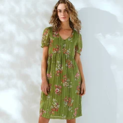 Korte jurk met bloemenprint, voile en glanzende draad