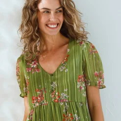 Korte jurk met bloemenprint, voile en glanzende draad