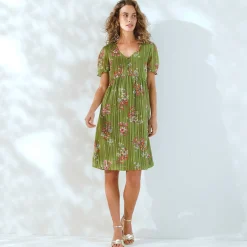 Korte jurk met bloemenprint, voile en glanzende draad