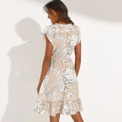 Korte jurk met macramé, tropische print, smokwerktaille