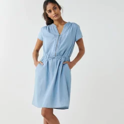 Korte jurk met ritskraag, licht denim