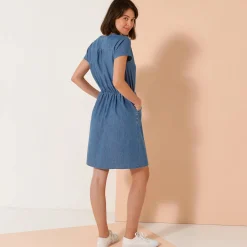 Korte jurk met ritskraag, licht denim