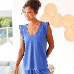 Korte pyjama in jersey en broderie anglaise
