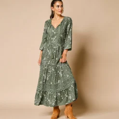 Lange, bedrukte jurk met 3/4-mouwen, details in macramé