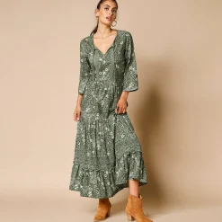 Lange, bedrukte jurk met 3/4-mouwen, details in macramé