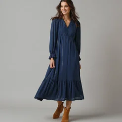 Lange bohemian jurk, crepon en glansdraad