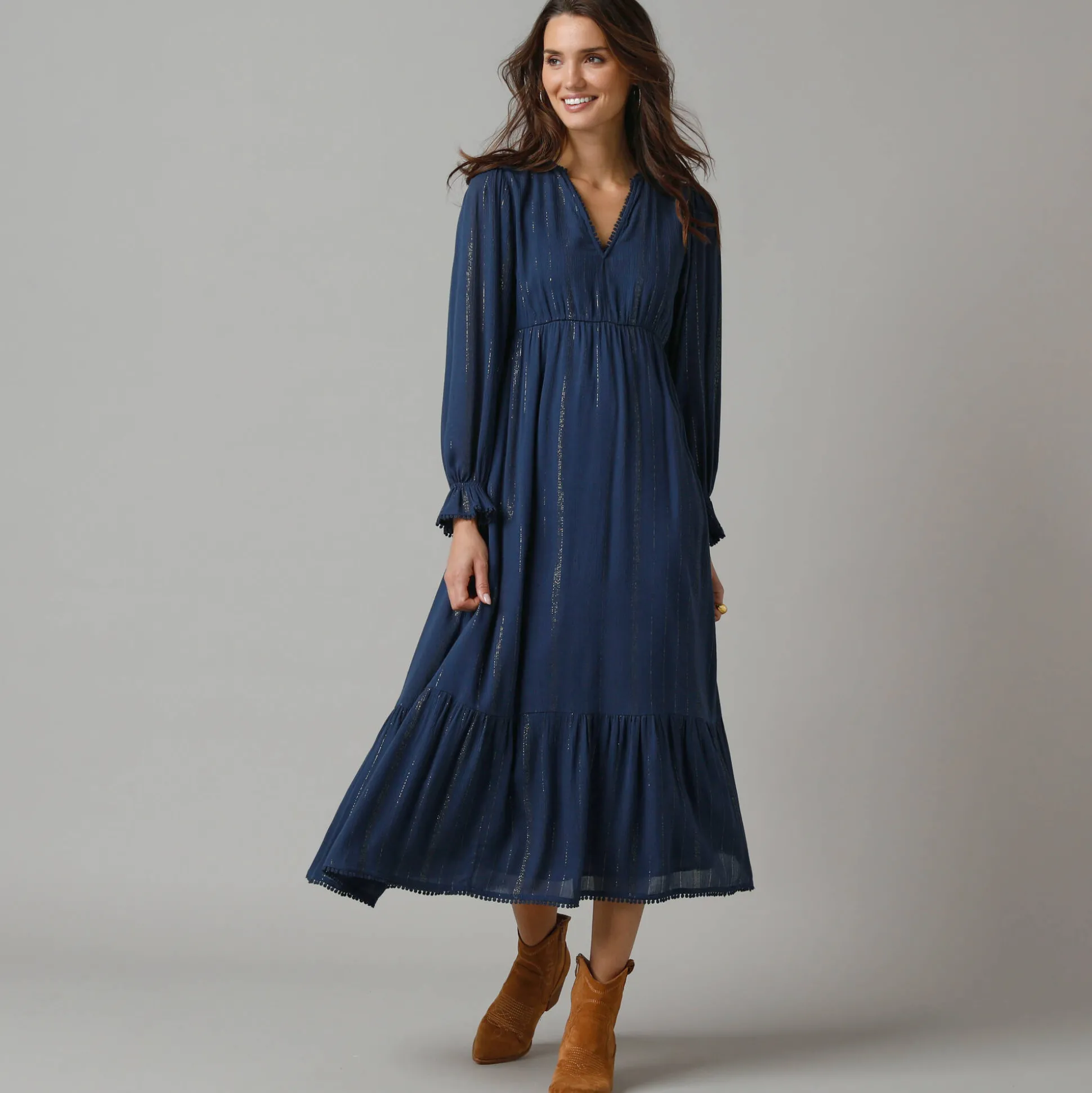 Lange bohemian jurk, crepon en glansdraad