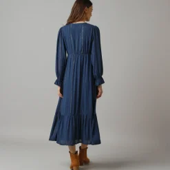 Lange bohemian jurk, crepon en glansdraad