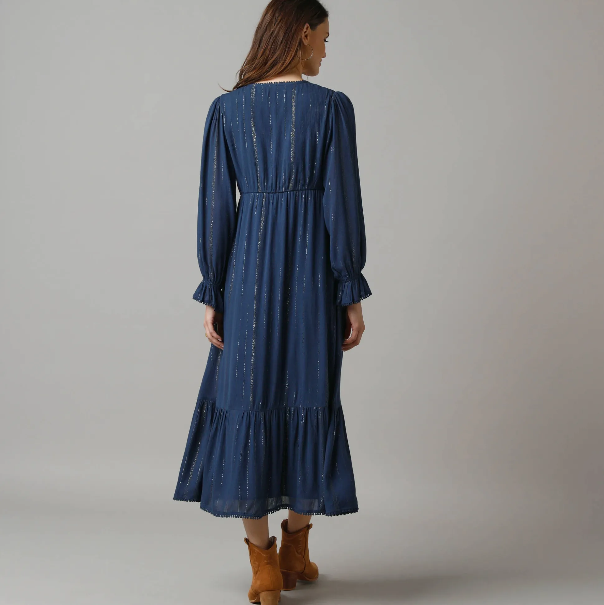 Lange bohemian jurk, crepon en glansdraad