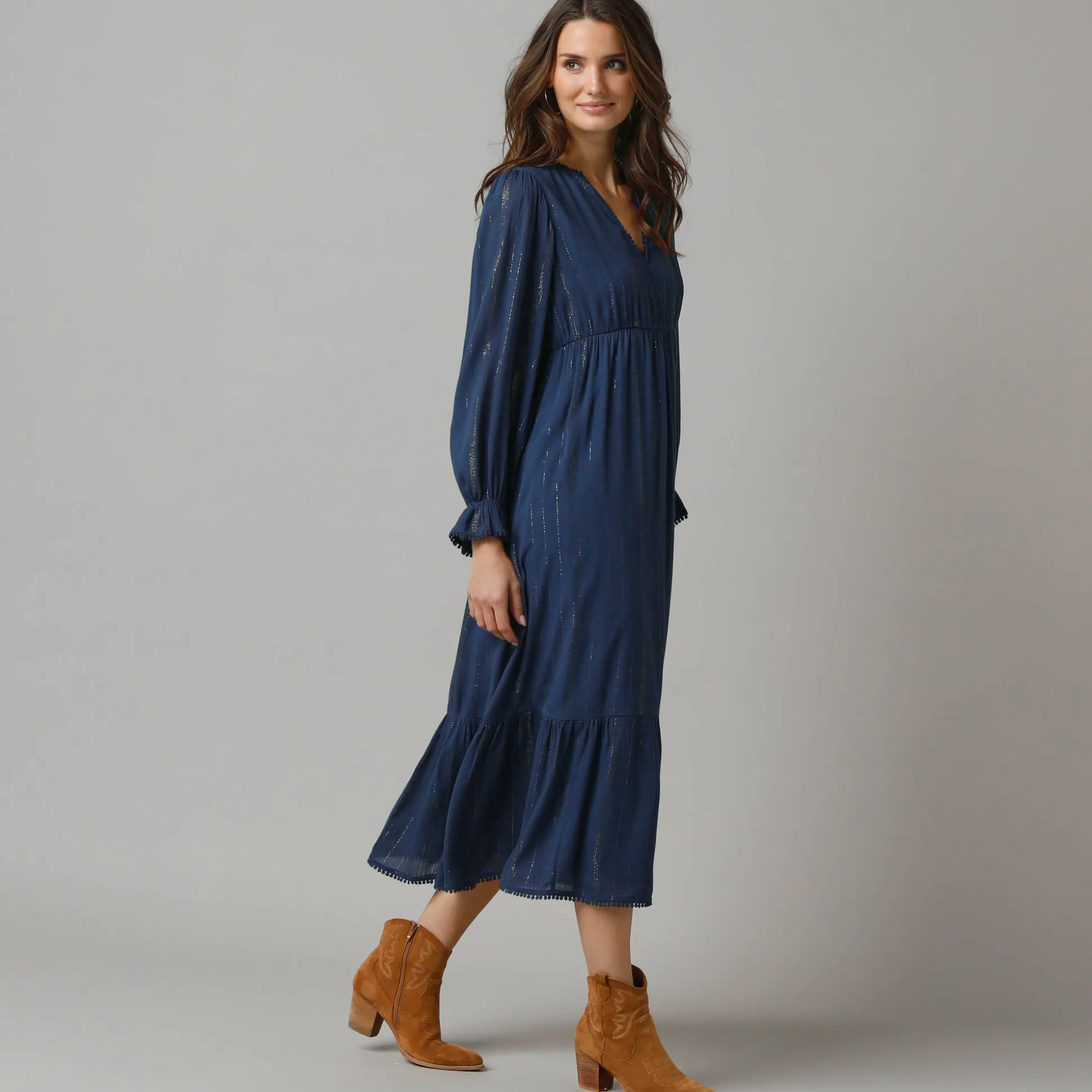 Lange bohemian jurk, crepon en glansdraad