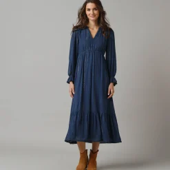 Lange bohemian jurk, crepon en glansdraad