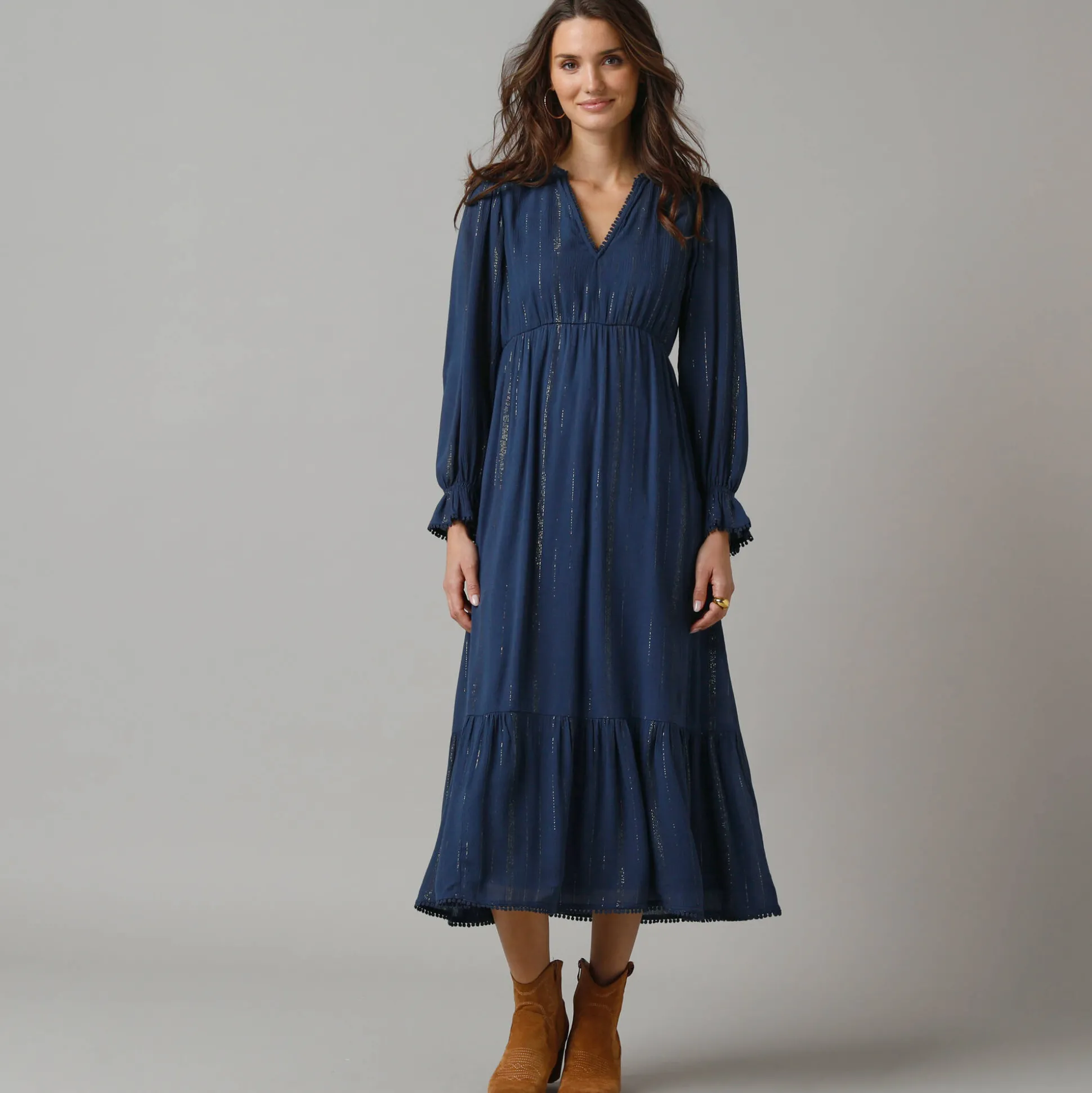 Lange bohemian jurk, crepon en glansdraad