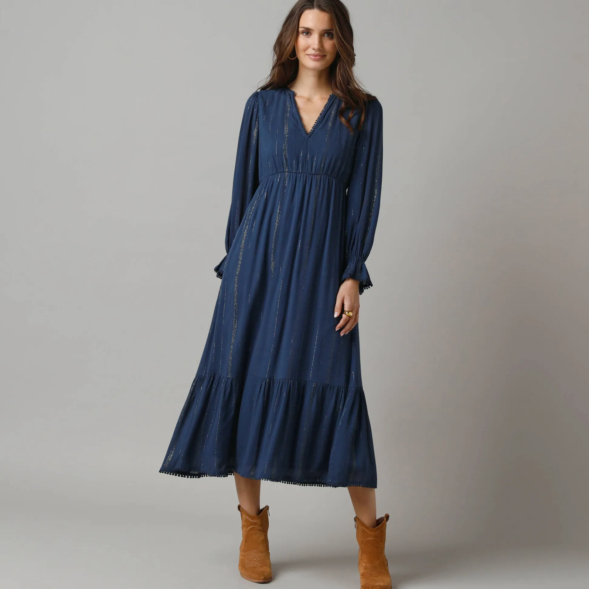 Lange bohemian jurk, crepon en glansdraad