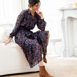 Lange hemdjurk in jacquardvoile met bloemenprint