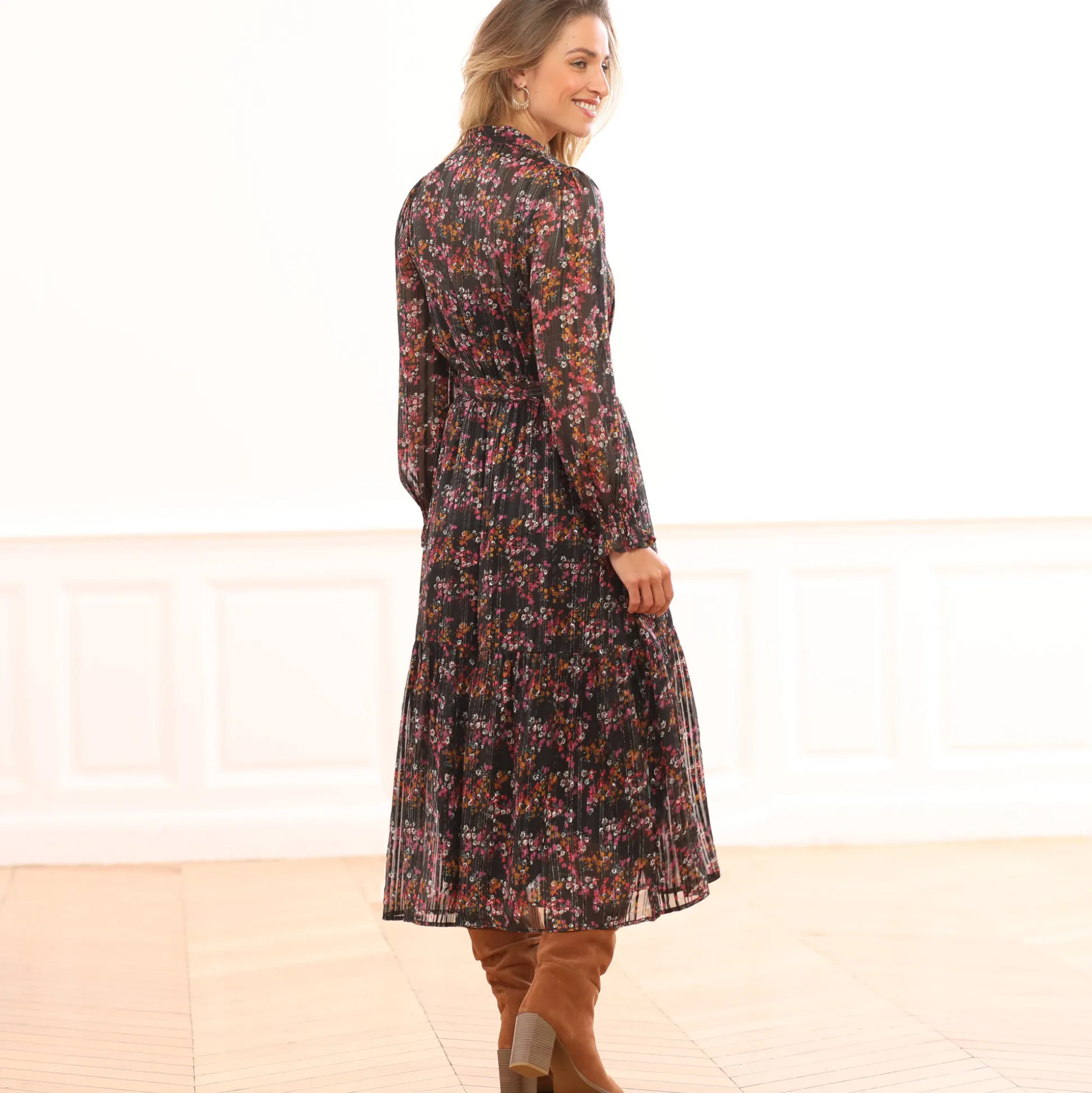 Lange hemdjurk in jacquardvoile met bloemenprint