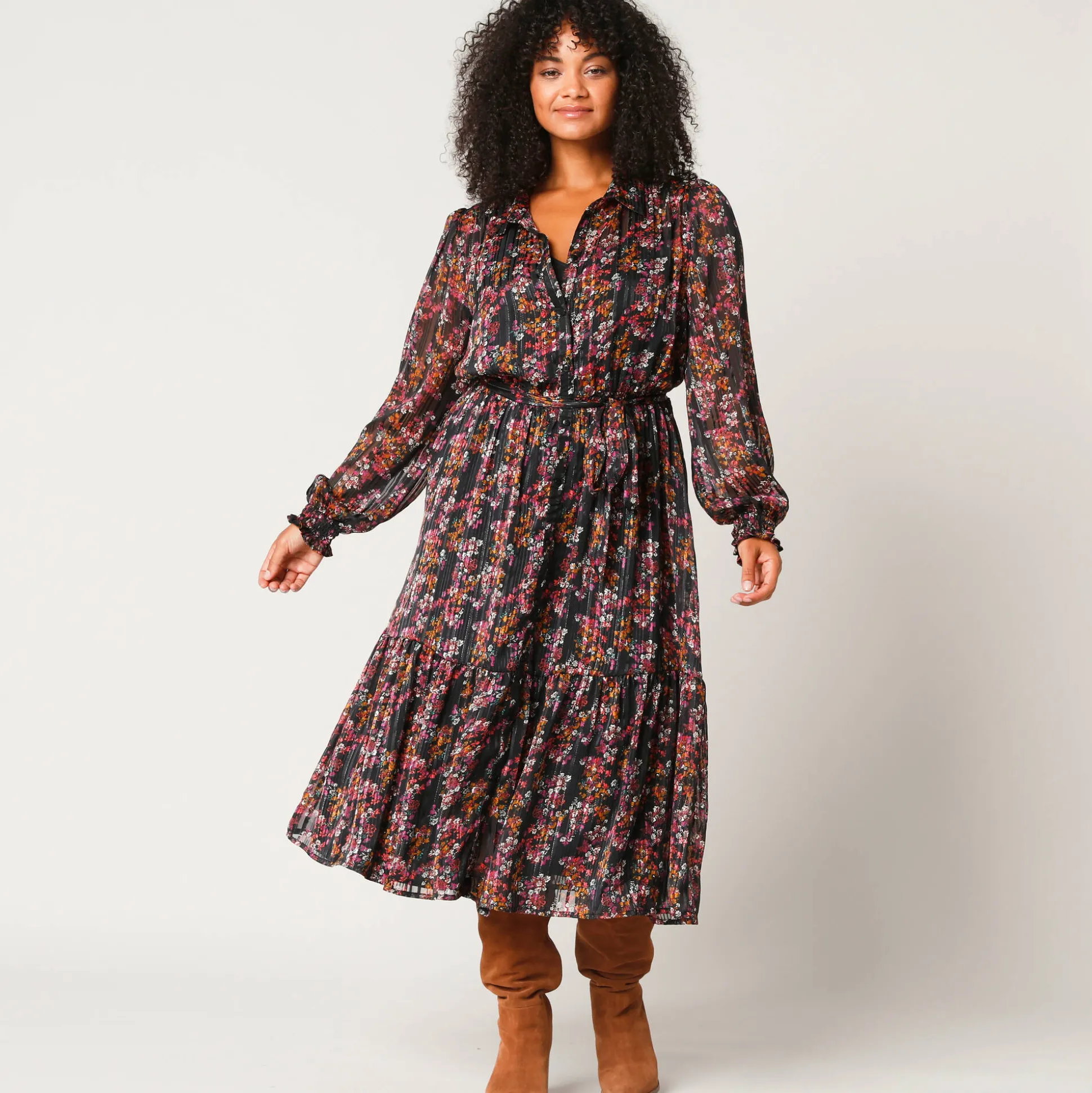 Lange hemdjurk in jacquardvoile met bloemenprint