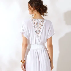 Lange jurk in crepon, detail in macramé