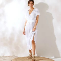 Lange jurk in crepon, detail in macramé