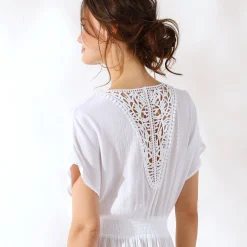Lange jurk in crepon, detail in macramé