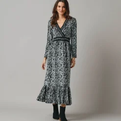 Lange jurk in wikkelstijl, bedrukt tricot