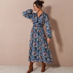 Lange jurk met bloemenprint en afwerkingen in macramé