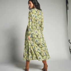 Lange jurk met bloemenprint en afwerkingen in macramé