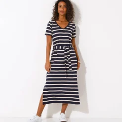 Lange jurk met ceintuur en V-hals, gestreept tricot