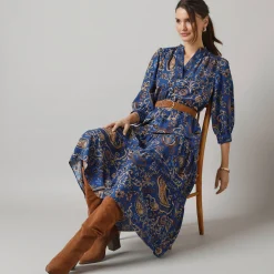 Lange jurk met elastische taille, bedrukte crêpe