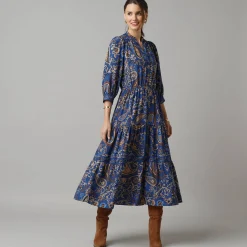 Lange jurk met elastische taille, bedrukte crêpe