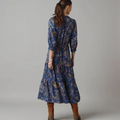 Lange jurk met elastische taille, bedrukte crêpe