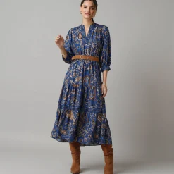 Lange jurk met elastische taille, bedrukte crêpe