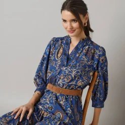 Lange jurk met elastische taille, bedrukte crêpe
