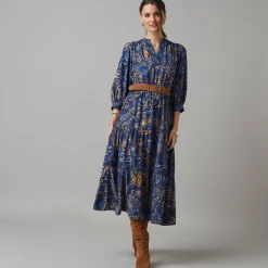Lange jurk met elastische taille, bedrukte crêpe