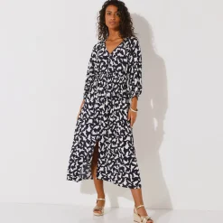 Lange jurk met knopen in crepon, grafische print