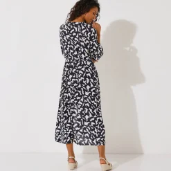 Lange jurk met knopen in crepon, grafische print