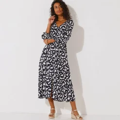 Lange jurk met knopen in crepon, grafische print