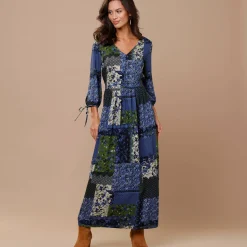 Lange jurk met patchworkprint en V-hals