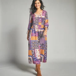 Lange jurk met patchworkprint en V-hals